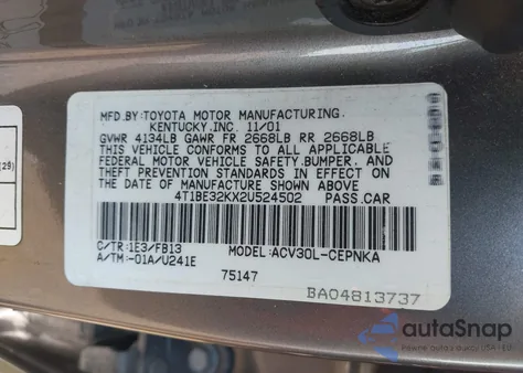 2002 Toyota Camry Le from USA, damaged, VIN 4T1BE32KX2U524502